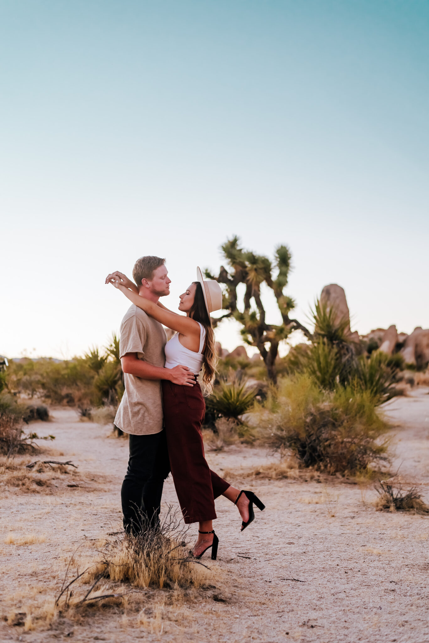 Couple embraces in front of desert landscape