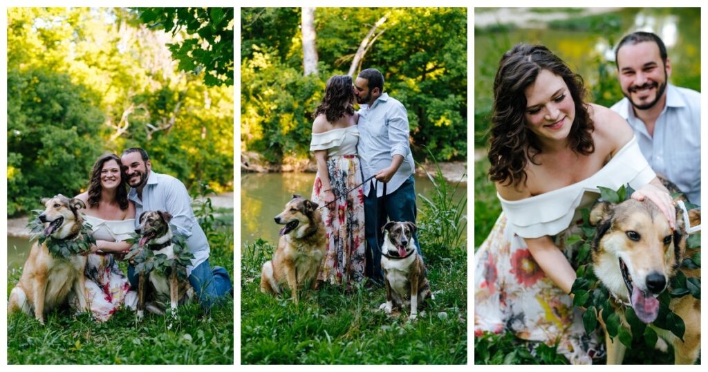 Three images of a couple posing with their dogs for photos
