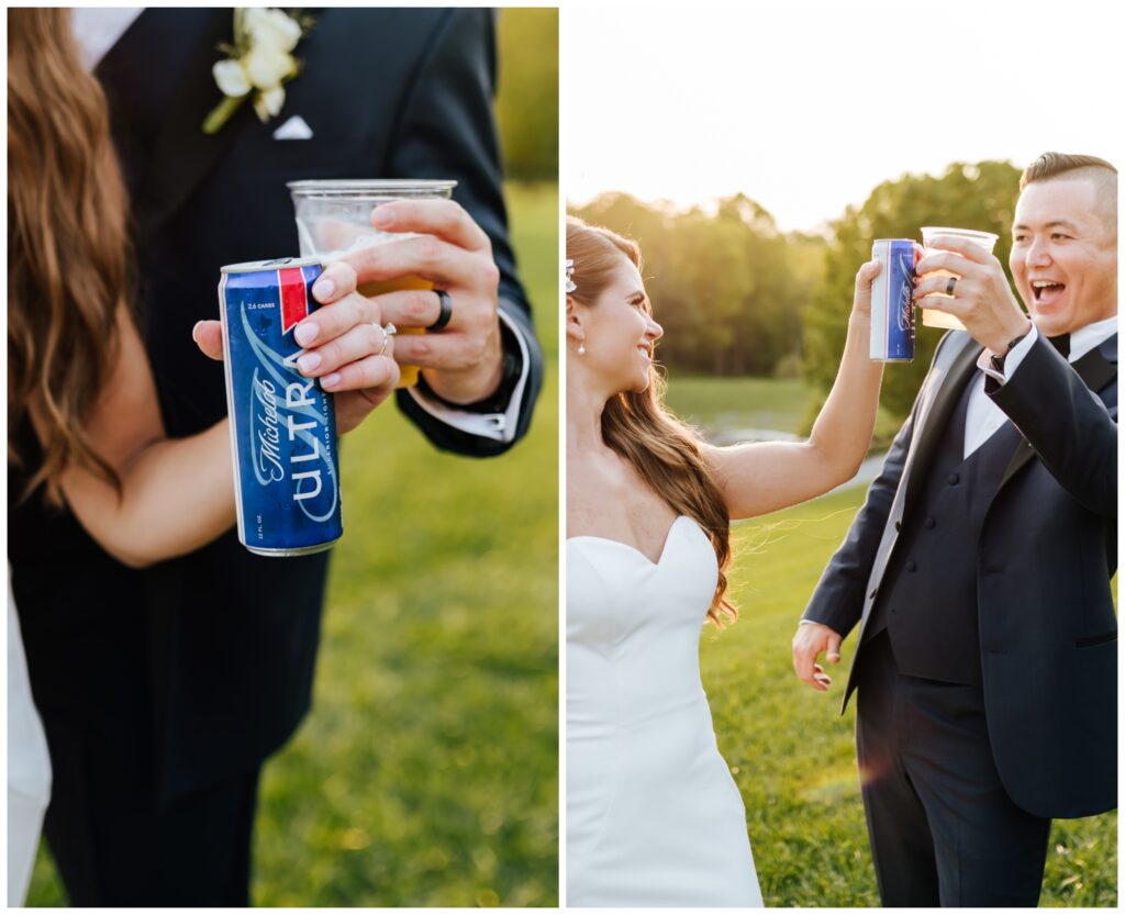 Newlyweds share a cheers moment outside at sunset