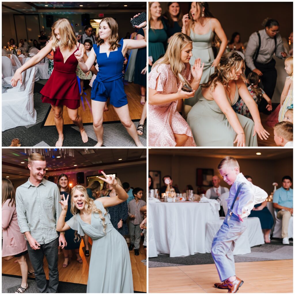 A collage of four images of guests dancing at a wedding reception