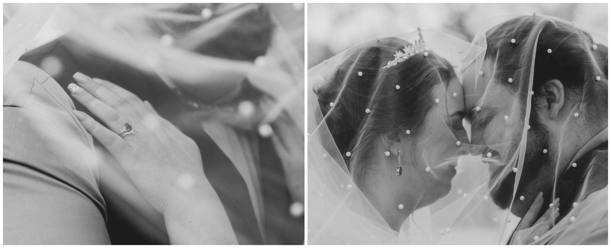 Two black and white photos of the couple under a pearly veil