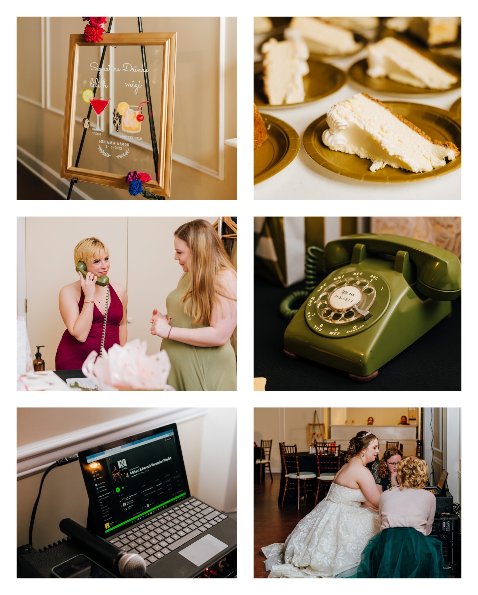 Personalized details including cheesecake, after the tone wedding voicemails, a playlist, and custom cocktails