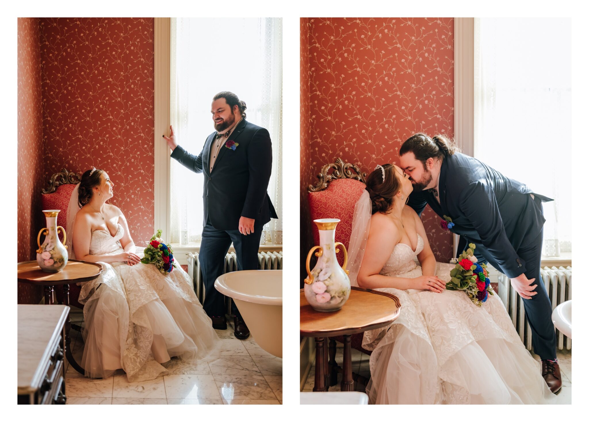 Two portraits of the newlyweds sitting in an ornate historic room