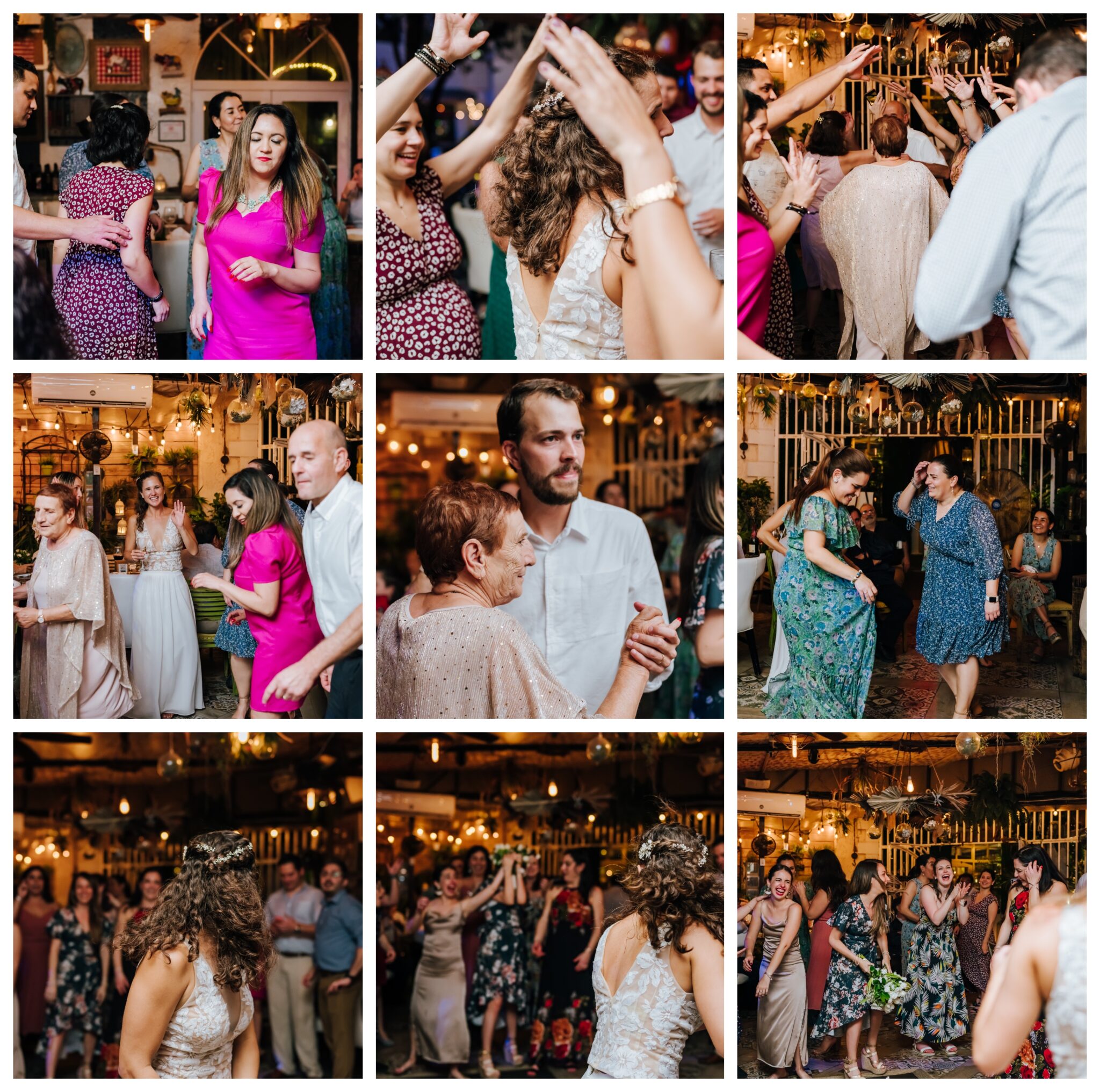 A collage of photos with guests dancing and celebrating