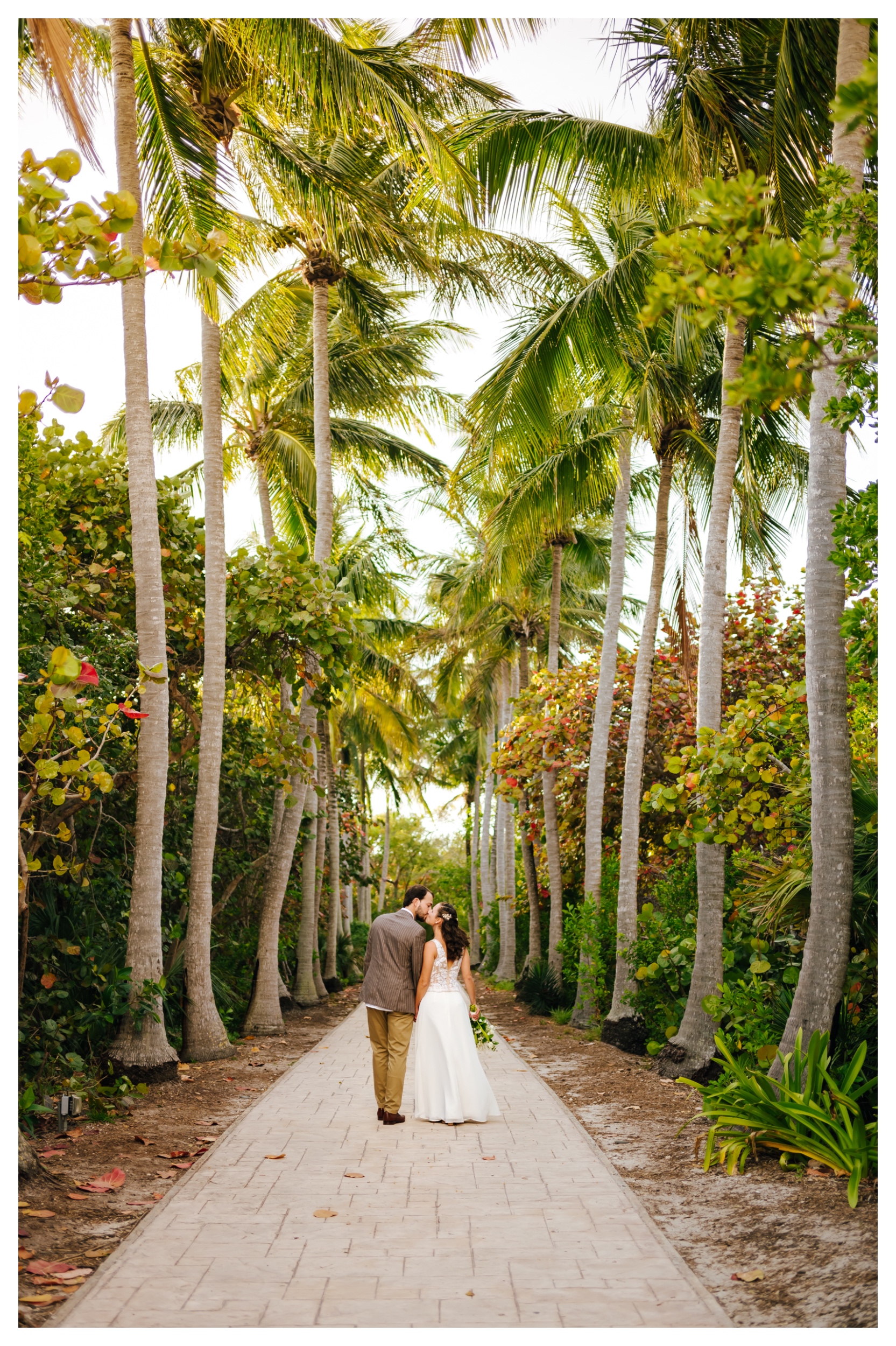 A married couple share a kiss in a palm tree grove