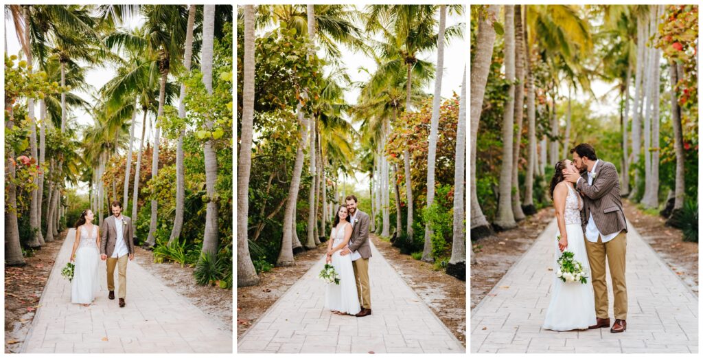 A collage of three images of the couple in front of the rows of palm trees