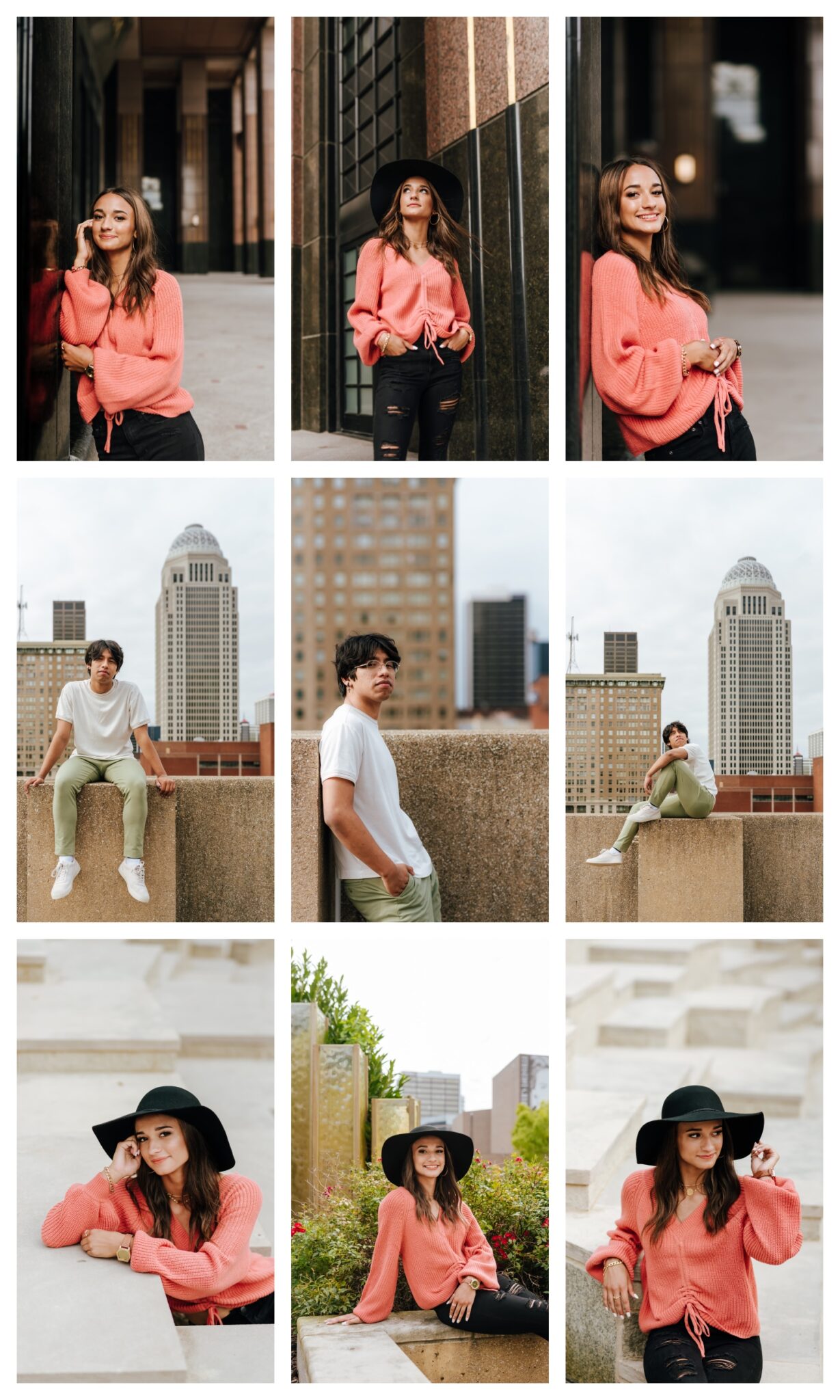 A collage of senior pictures in Downtown Louisville