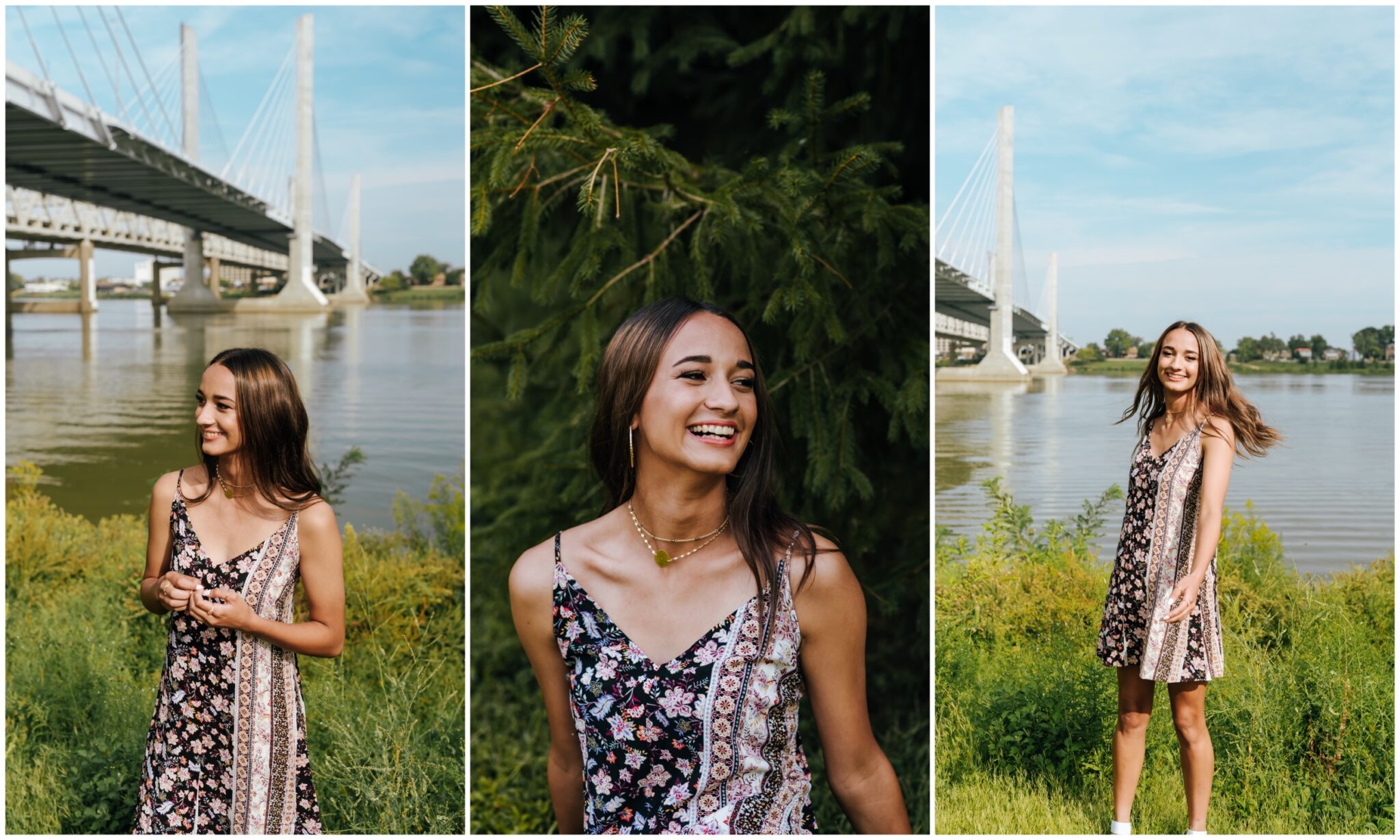 Three pictures of a high school senior at Louisville Waterfront Park