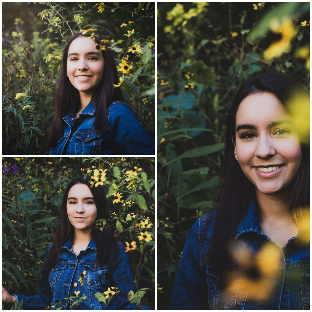 A collage with three images of a girl in a jean jacket with yellow wildflowers for fall senior pictures