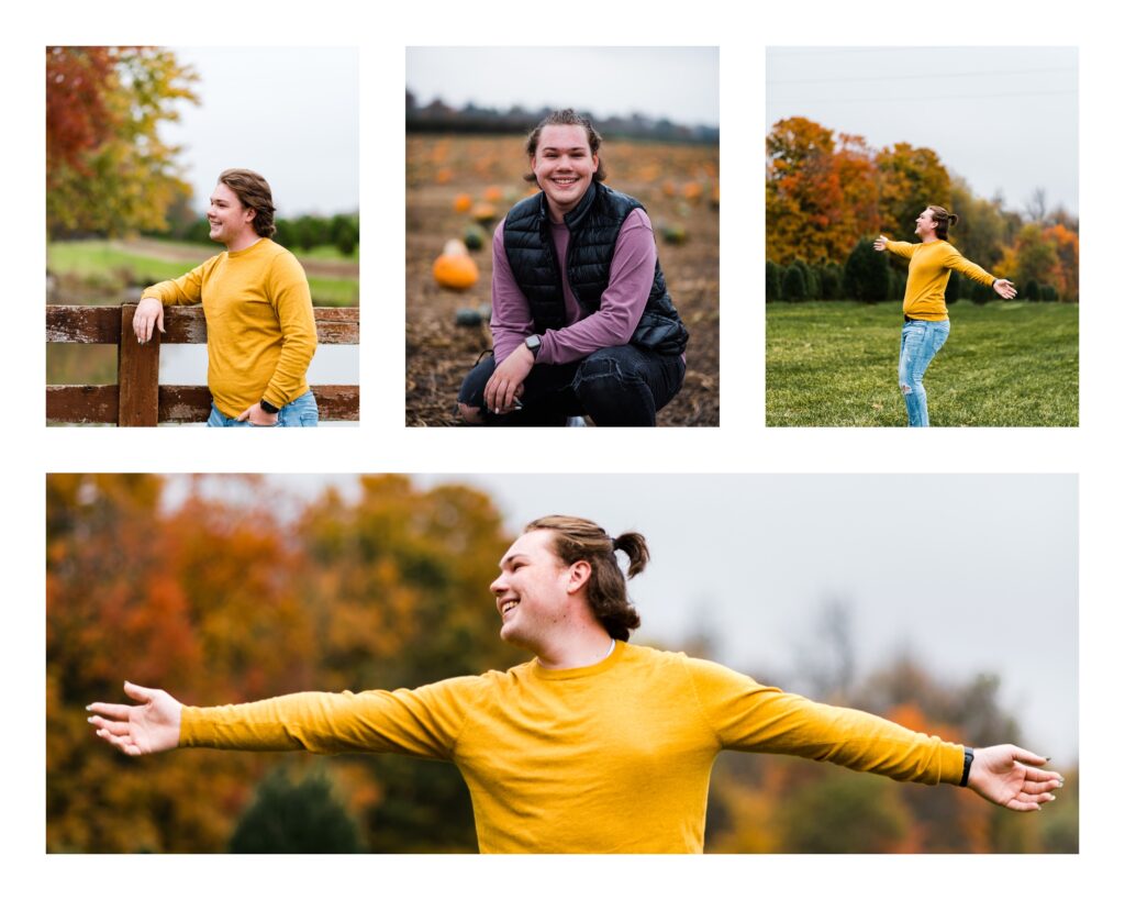 A collage of a teen boy in a yellow sweater in front of fall trees
