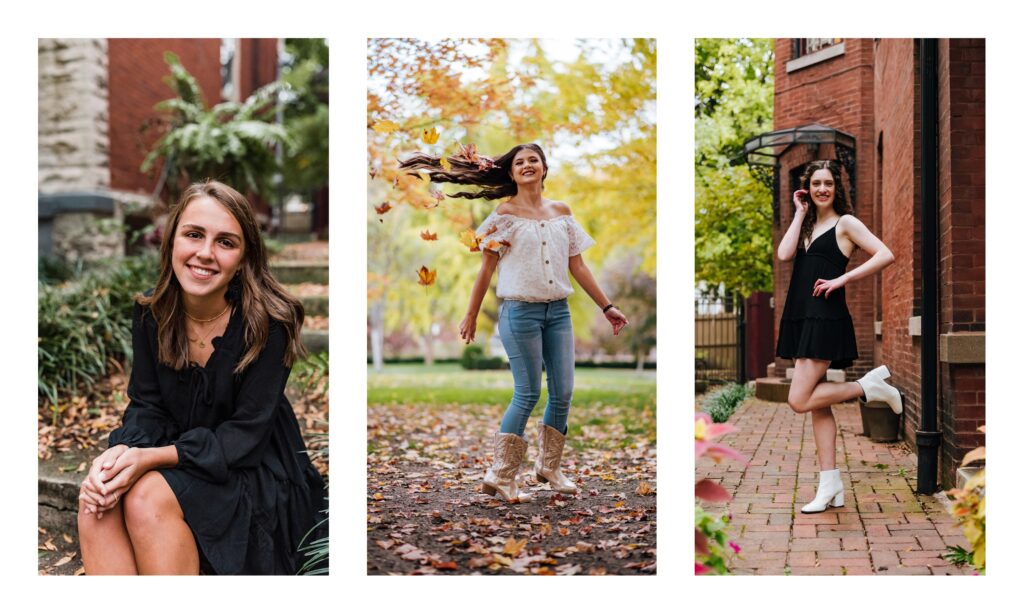 Three senior girls pose for senior pictures in the historic St. James Court