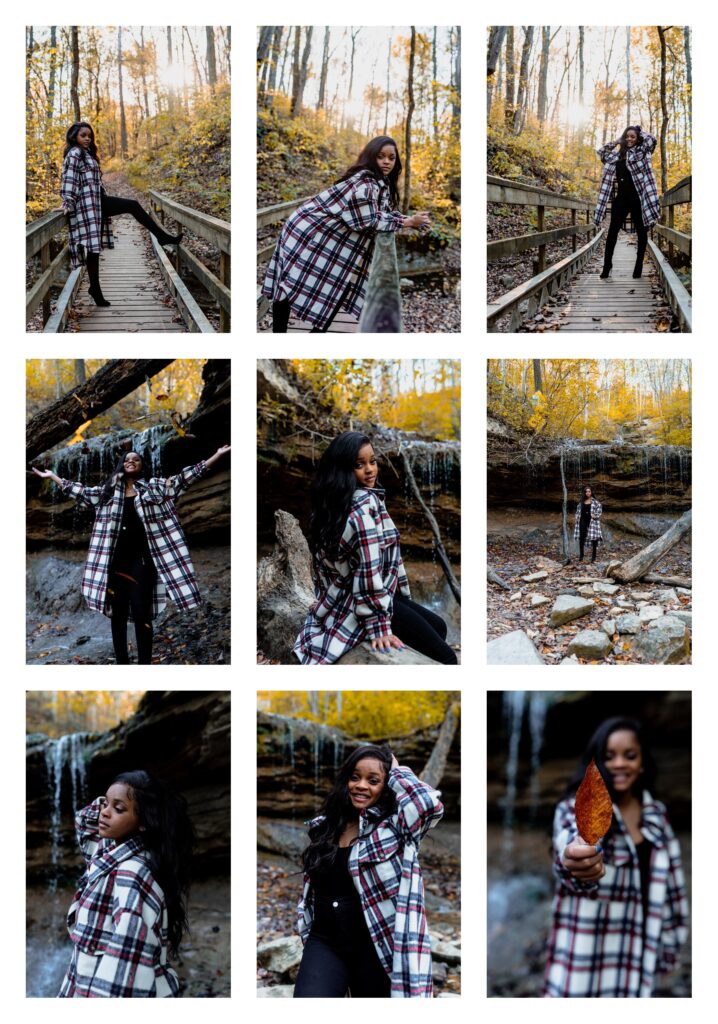 A collage with images of a black girl in a plaid fall coat. Yellow leaves fall around her