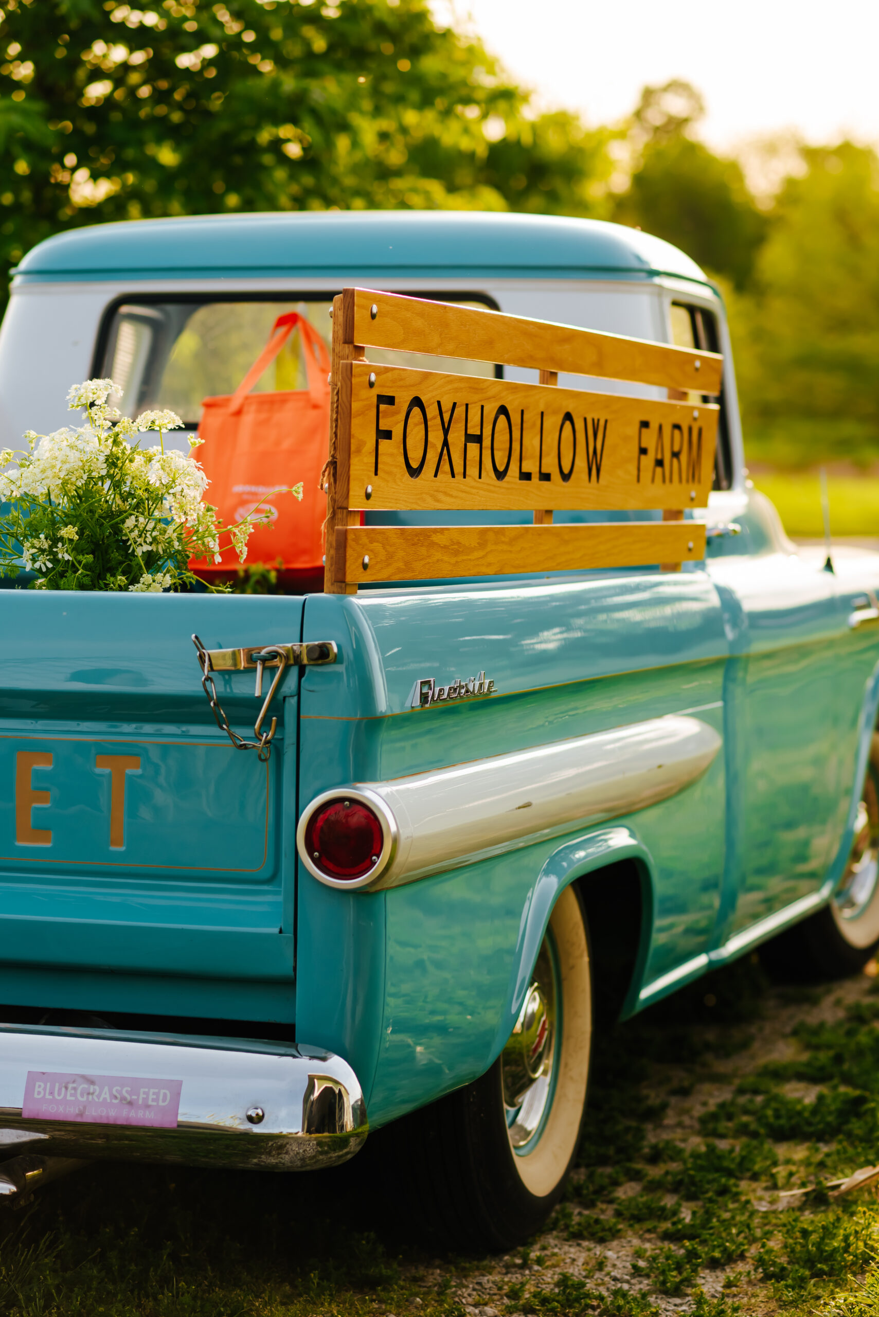 A vintage blue Chevy pickup truck carries spring flowers and an orange Foxhollow Farm bag