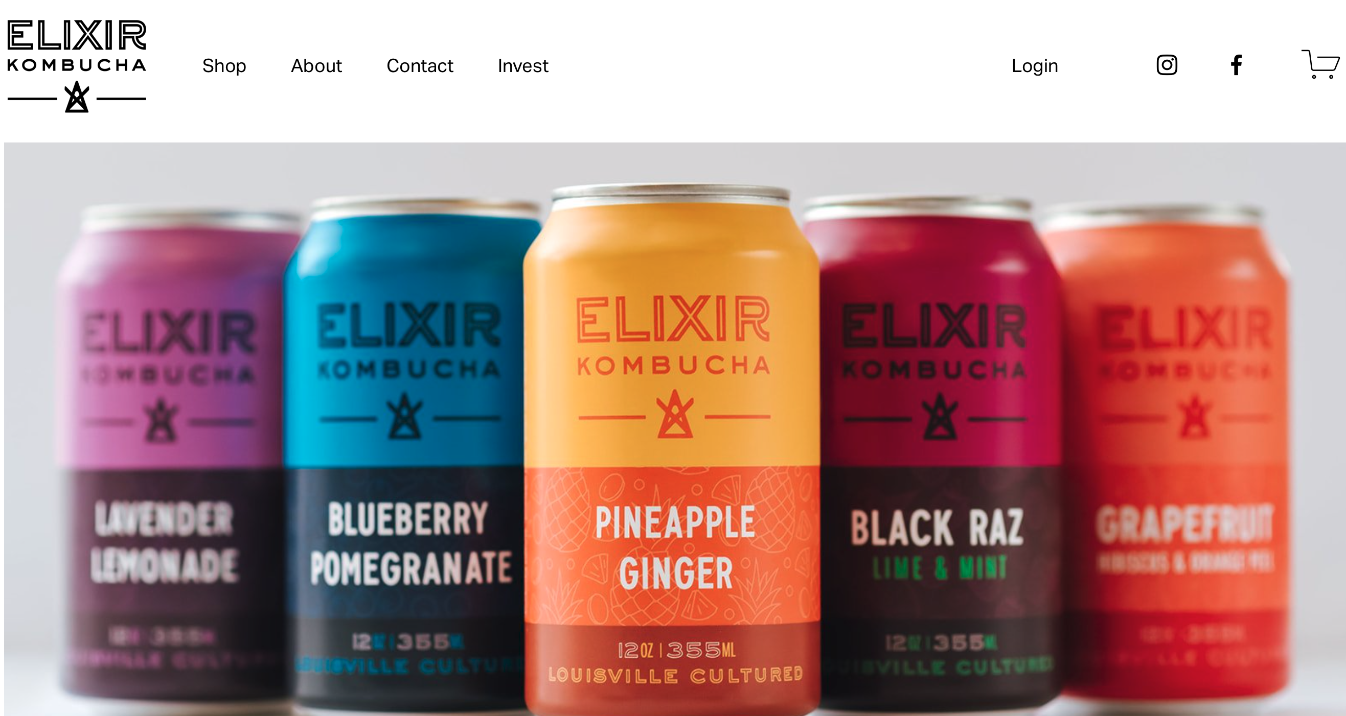 The homepage of Elixir Kombucha's website, featuring their 5 signature flavors