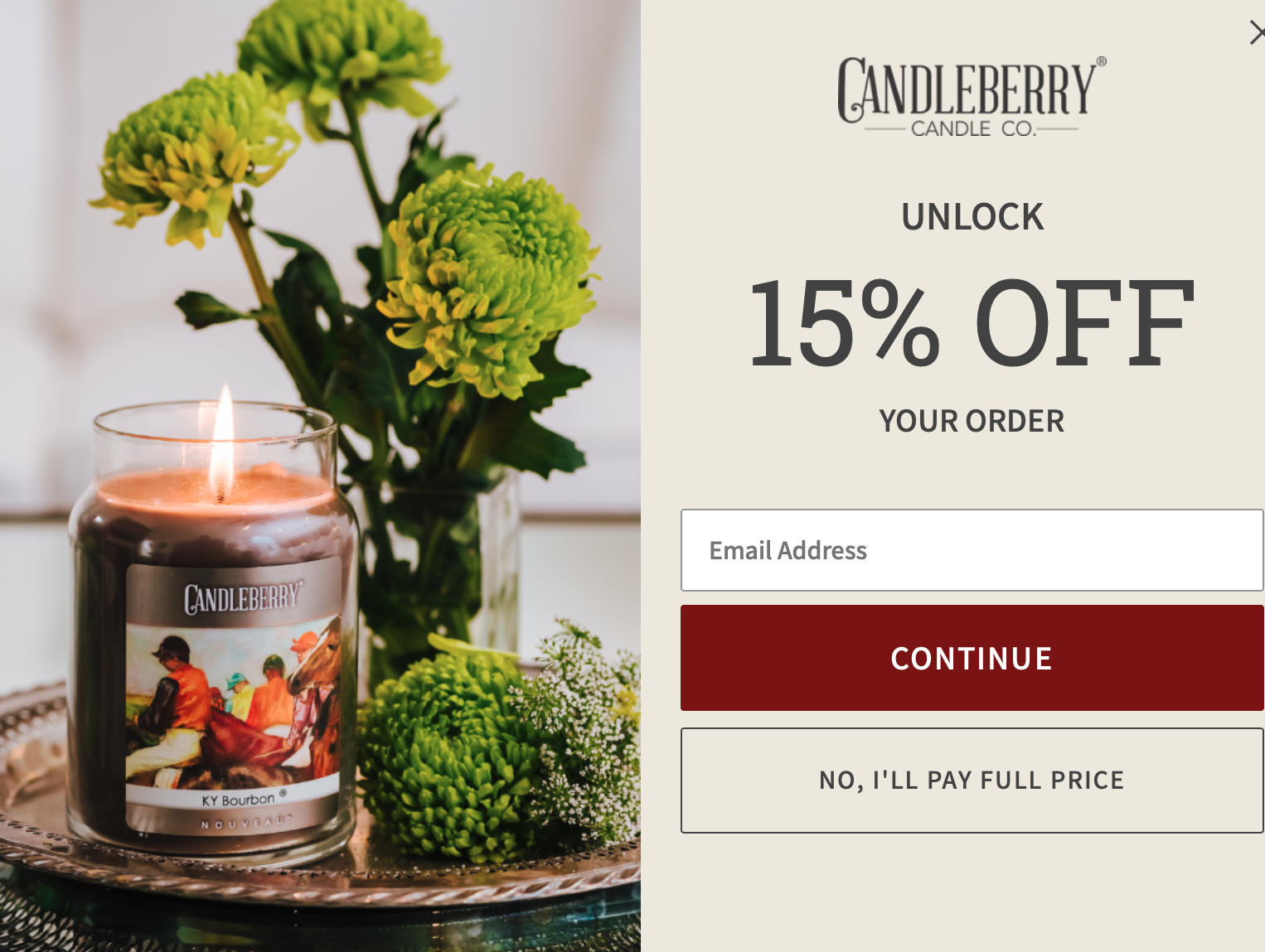 Candleberry Co uses their branding images to attract new clients - pictured here is an email list pop up with a photo I took for them