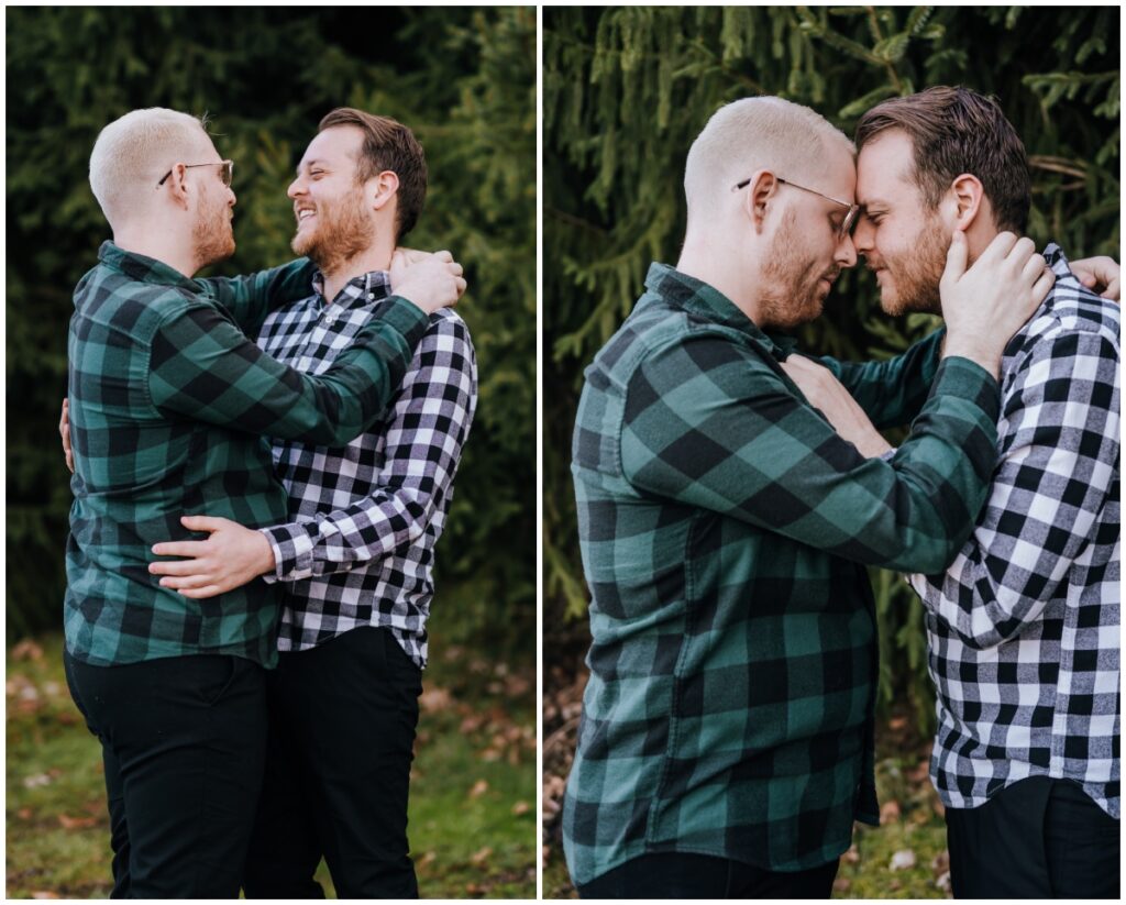 More photos of the same couple embracing and staying cozy in the chilly winter weather wearing flannel shirts
