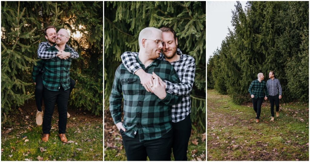 A three photo collage with a gay male couple in flannel shirts walking, hugging, and laughing in front of evergreen trees