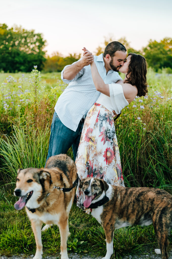 A couple embraces in a romantic kiss as their two happy dogs look at the camera.