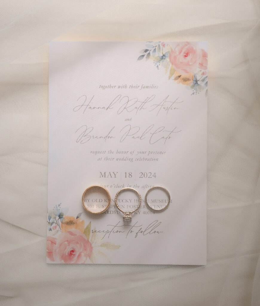 A photo of a wedding invitation with wedding rings and the veil laying over it all