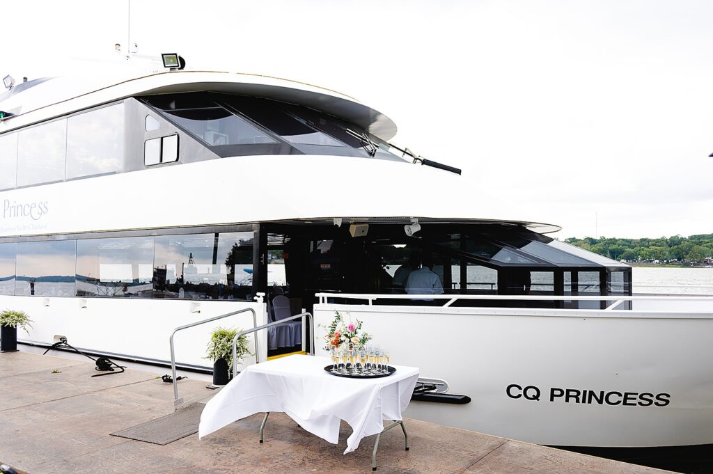 A private yacht is docked for a Louisville wedding.