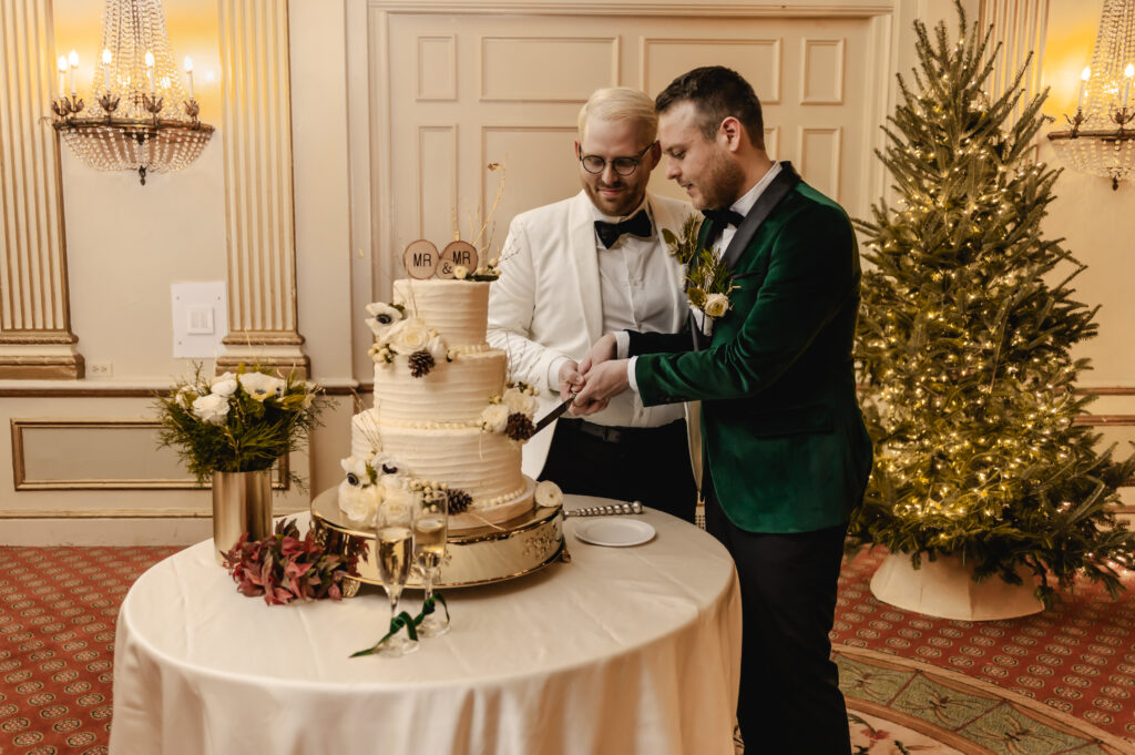 The grooms cut their cake 