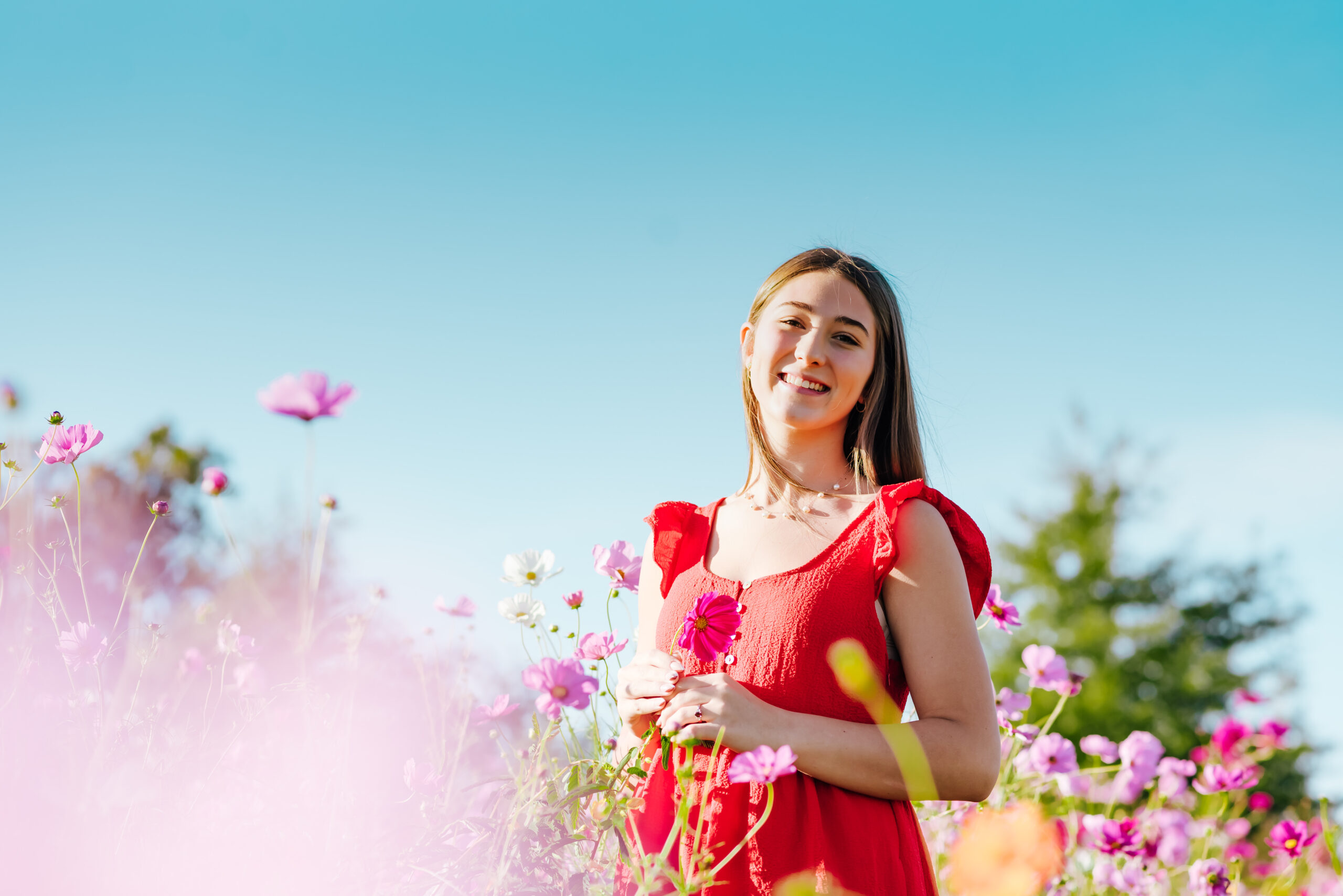 A high school senior girl in a red dress stands in a field of colorful wildflowers with the blue sky behind her.