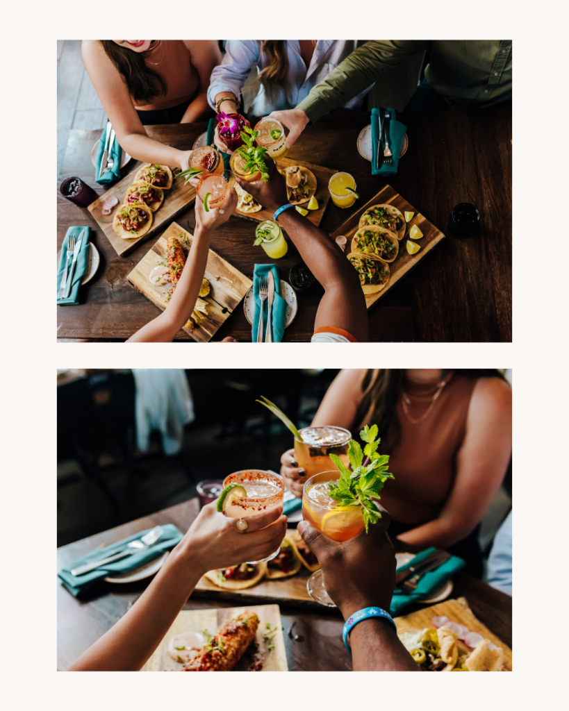Two images of a group of friends enjoying tacos and drinks from a bird's eye view