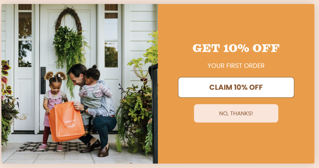 An email pop-up for Foxhollow farm with a discount code, and a photo of a dad and his two kids opening their delivery
