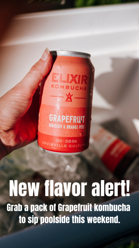 A photo of a can grapefruit kombucha with the text "New flavor alert!"