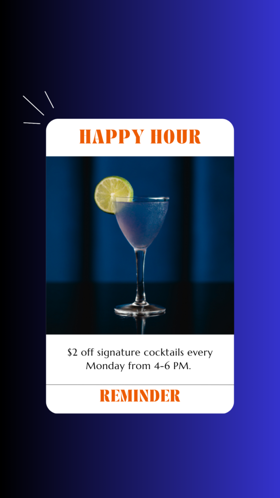 An Instagram story featuring a happy hour drink special for a local restaurant, The Cafe