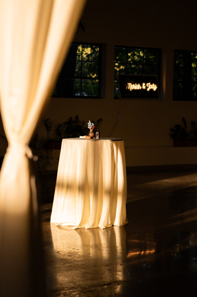 A cocktail table during golden hour.