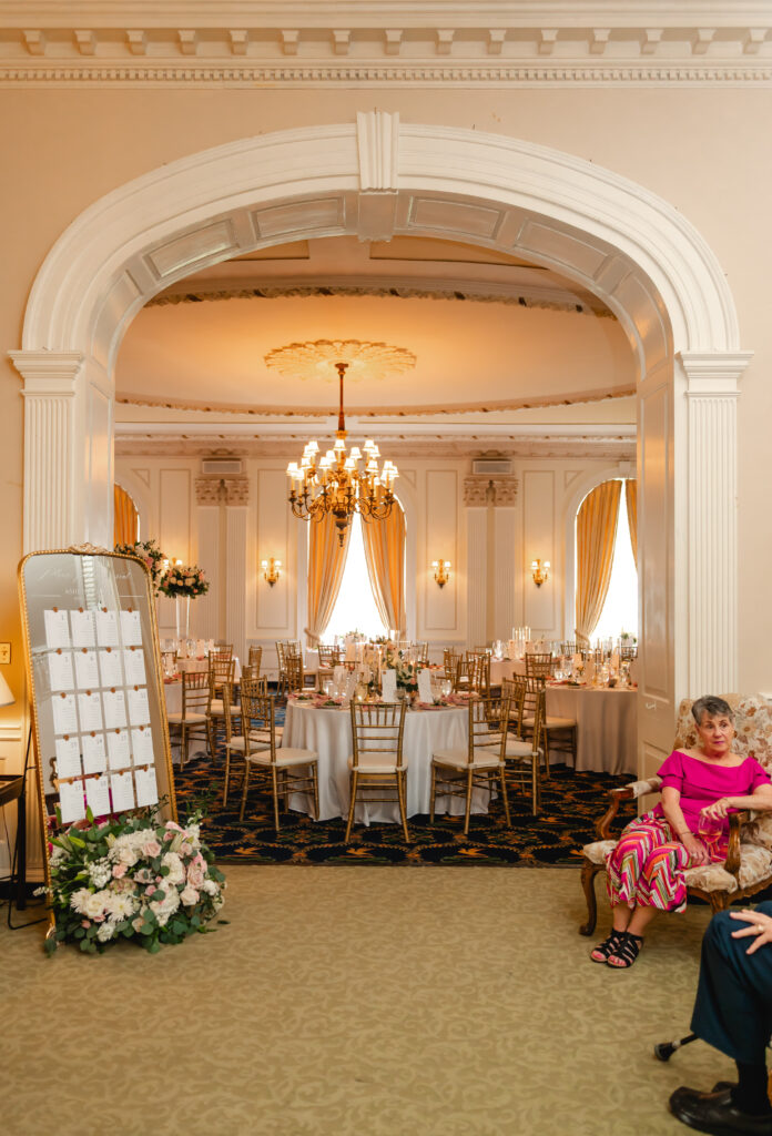 An exterior view looking into the reception space.