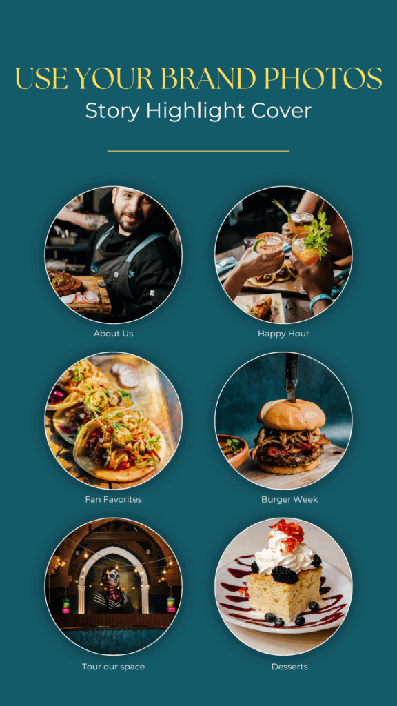A series of 6 highlight cover examples for a Mexican restaurant on Instagram
