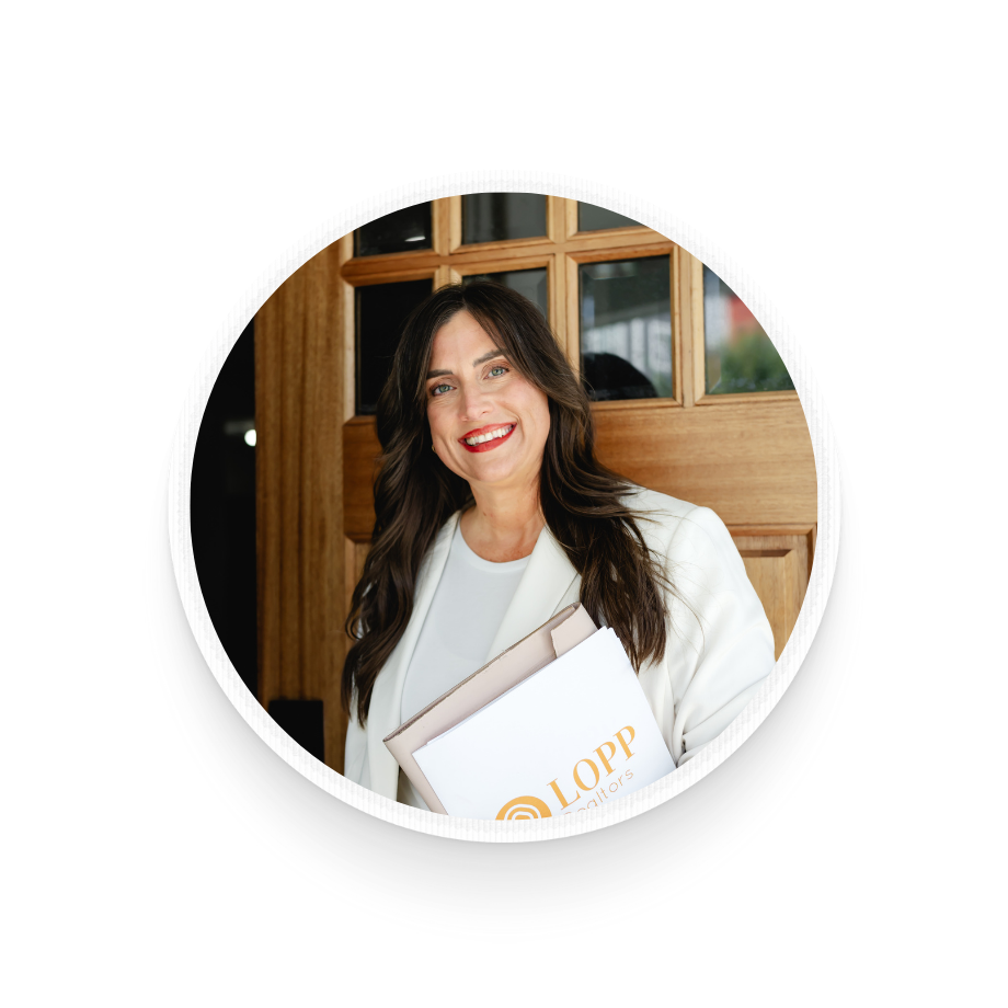 A circular image shows a profile photo on Instagram of a local realtor who smiles broadly in front of a house she is about to show
