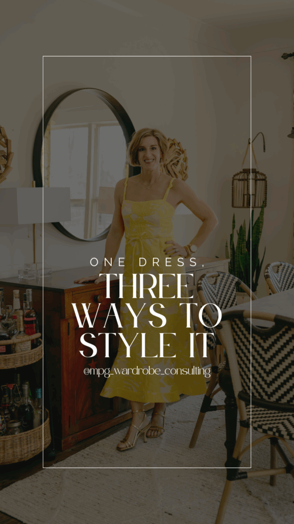 An example of a using a brand photo  on Instagram as a Reel cover. In the background, a wardrobe stylist wears a bright yellow dress with floral embroidery. The text overlay reads "One dress, three ways to style it."