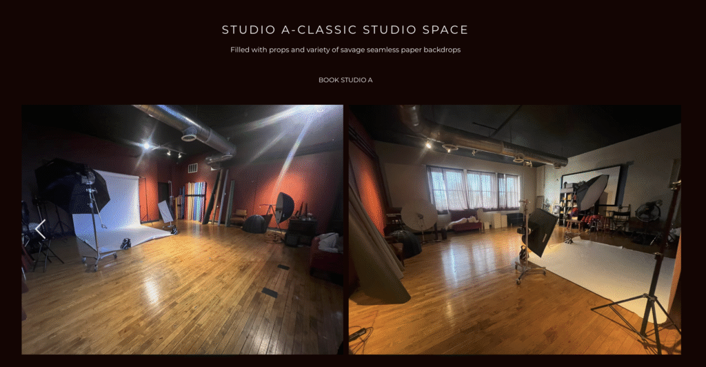A screenshot of a studio space in Germantown. Studio A features a large room with a wide selection of colorful paper backdrops to use.