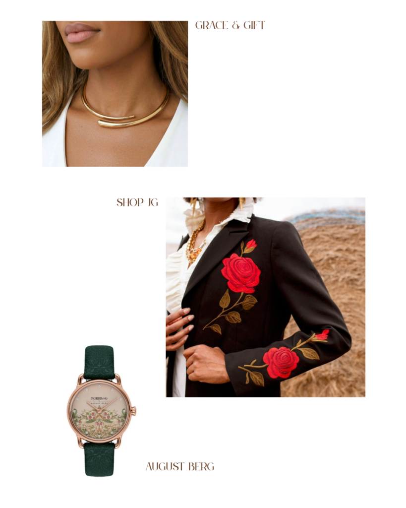 A collage featuring a wraparound modern gold statement necklace, a black jacket with bold floral embroidery, and a green leather William Morris inspired watch 