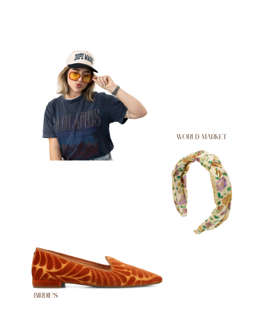 A collage featuring orange tinted sunglasses, a colorful floral headband, and embroidered orange velvet flats
