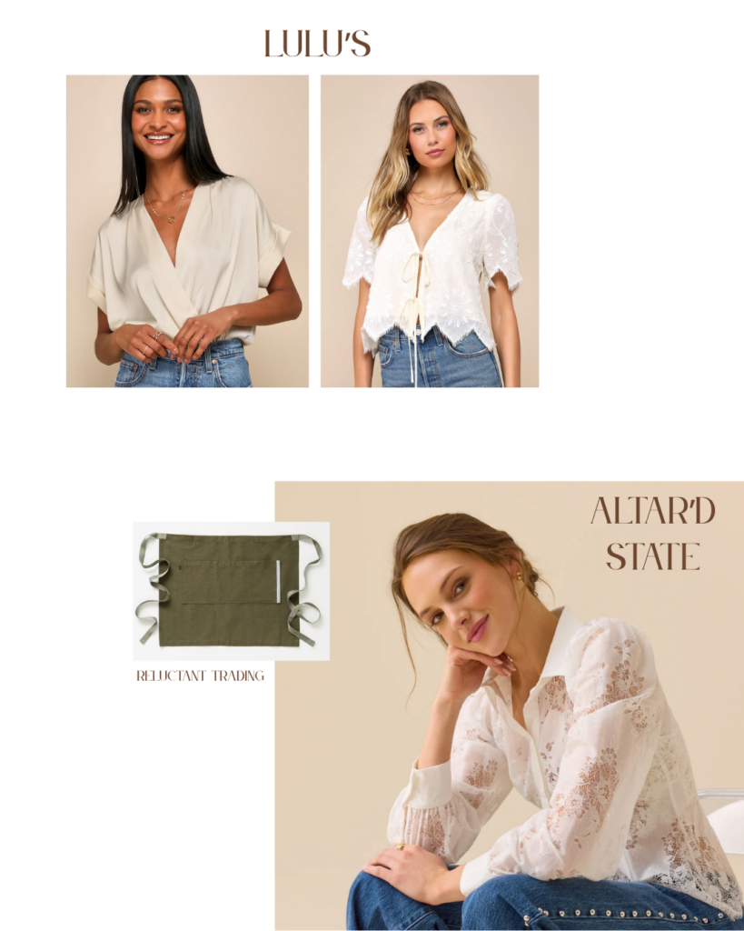 Three variations of soft white blouses and a green waist apron