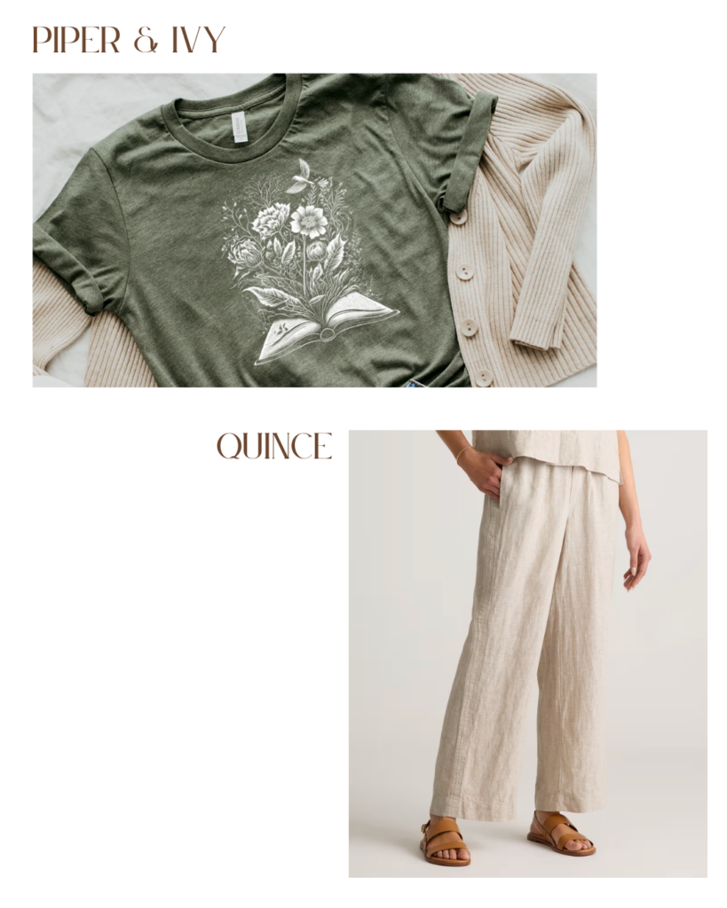 A soft, sage green graphic tee with flowers and books, ivory linen pants, and leather sandals