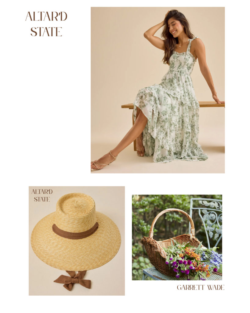 A floral white and green dress, wide brimmed summer hat, and woven flat basket to carry flowers