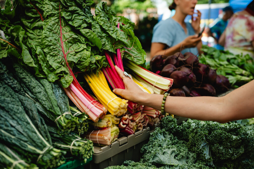 A detail photo of Ana's hand as she reaches out to grab a colorful yellow chard from a selection of purple, orange, and yellow colored vegetables.