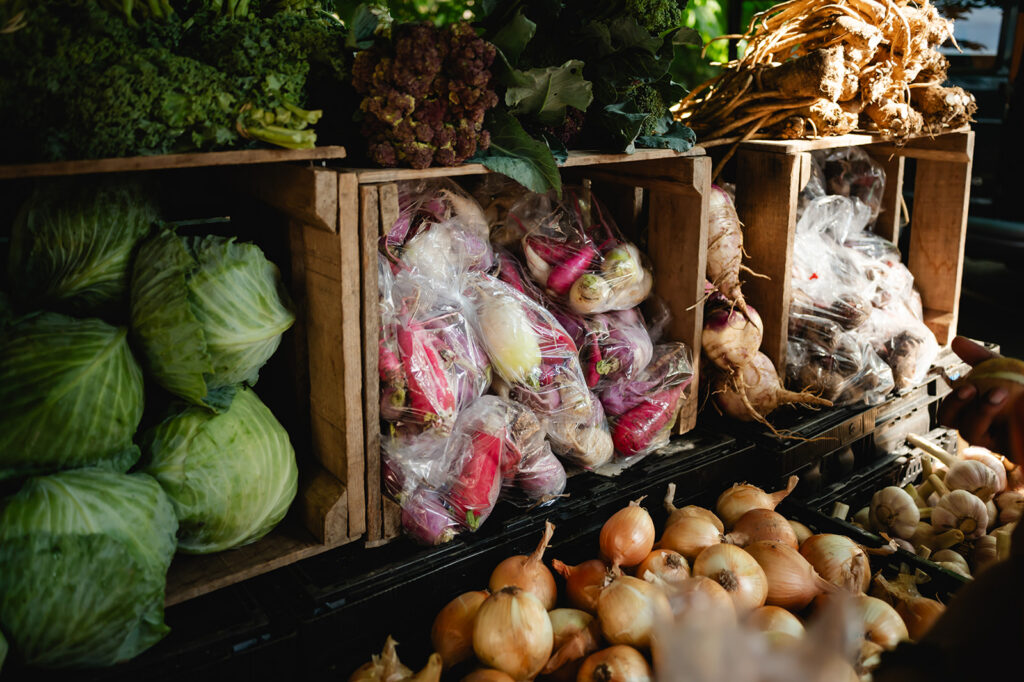Several bins of radishes, onions, and cabbages on display at the Douglass Loop Farmers Market.