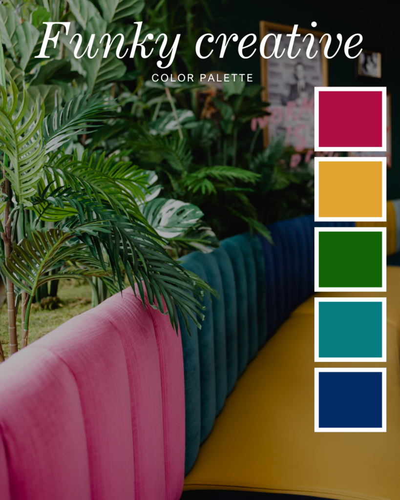 A colorful palette with bold tones of berry, golden yellow, jungle green, teal, and royal blue.